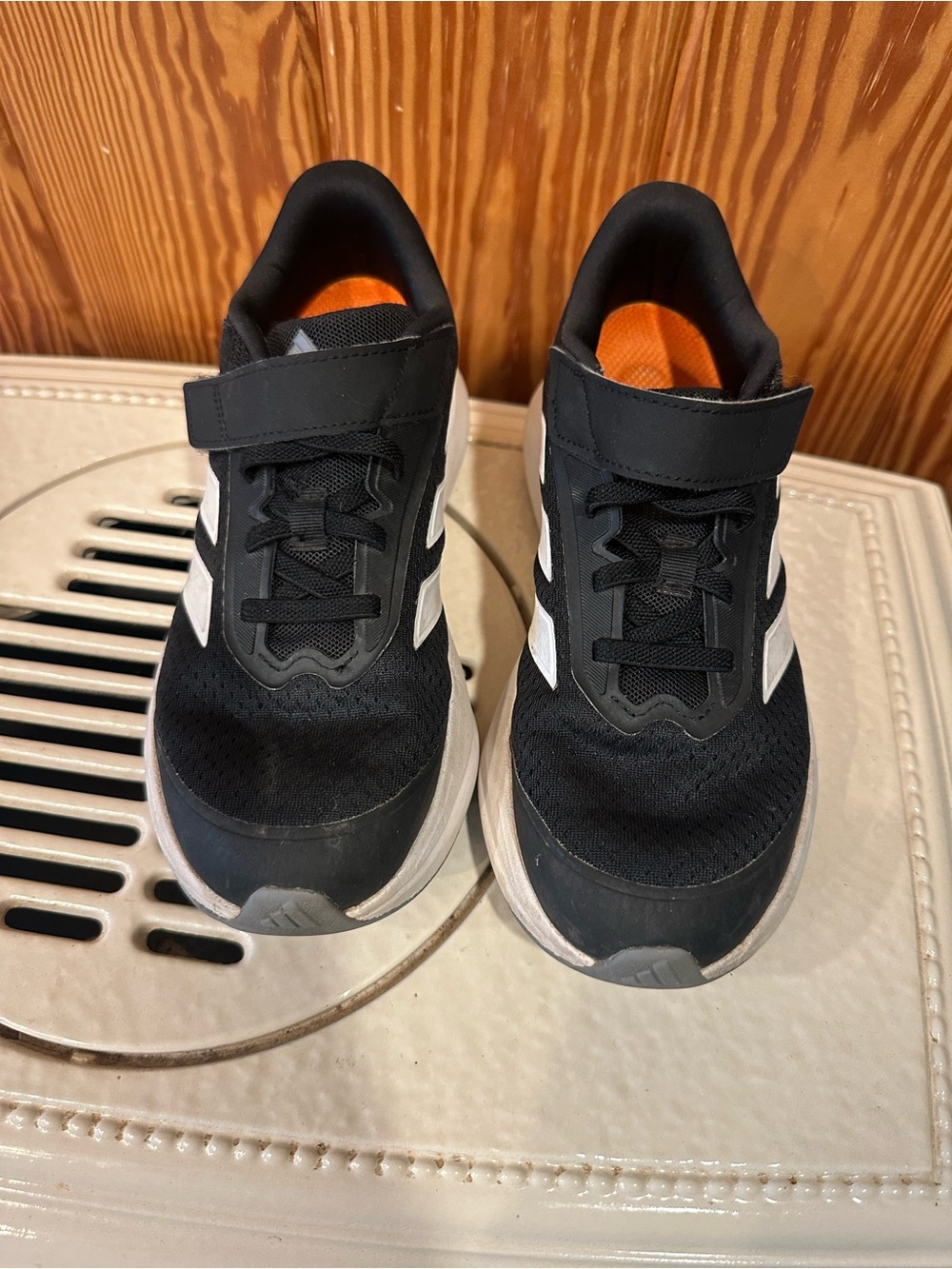 adidas Kids Black and White Velcro Sneakers with Orange Lining